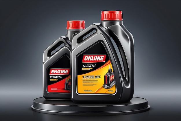 Engine oil advertising banner Realistic vector illustration with canister