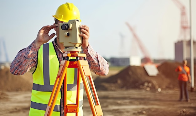 Engineer adjusting theodolite to take accurate measurements designe