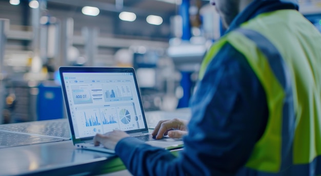 Photo engineer analyzing data on laptop in modern manufacturing facility