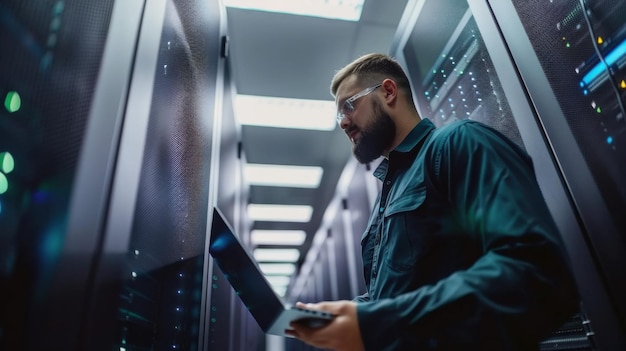 An engineer appearance maintains server equipment with a laptop in a bright room His task is to improve information security on the network