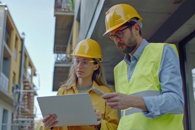 Engineer and architect discuss housing project at construction site