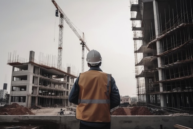 Engineer or architect wearing safety helmet and reflective vest at construction site A civil architect engineer inspecting an architecture AI Generated