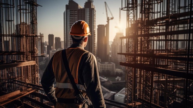 Engineer or architect working on construction site with sunset sky background Generative AI