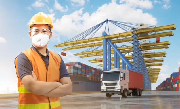 Engineer or asian worker work at container terminal port