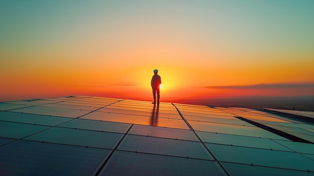 Engineer atop solar panels at sunset symbolizing a sustainable future powered by clean energy