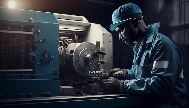 Engineer in a blue jumpsuit and white hardhat operating a lathe AI Generative