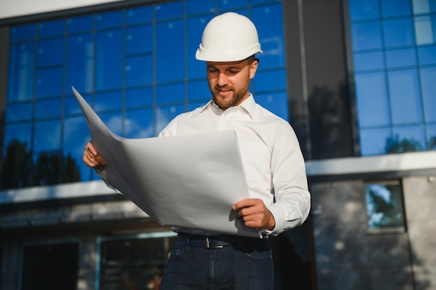 Engineer next to building cranes. Concept - large construction project. Architect directs the construction process. Drawings and tablet in the hands.