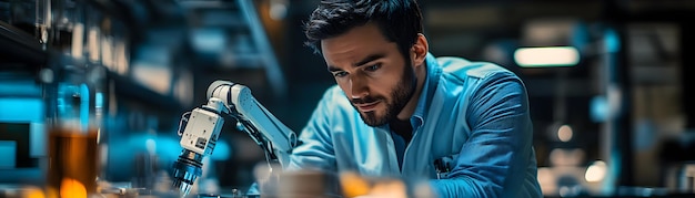 Photo engineer candidly working on a robotic arm in a lab concept as a candid image of an engineer intense