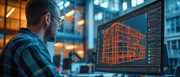 An engineer in casual wear is intently reviewing a complex structural design on his computer monitor in a contemporary office