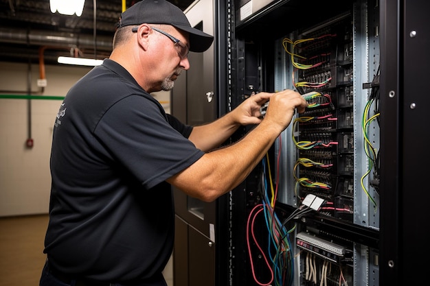 Engineer configuring server rack mounted remote power management units RPMs