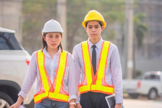 Engineer Construction concept, Asian engineer construction teamwork standing  on site construction