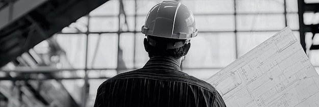 Photo engineer in a construction outfit confidently overlooking an industrial site the background features a sprawling factory with sharp metallic details and towering structures