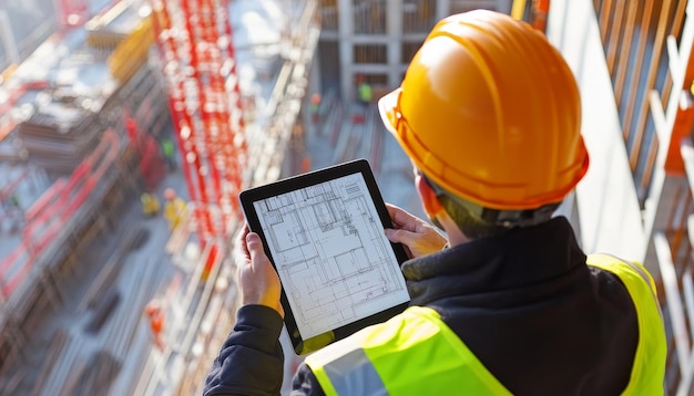 Photo engineer at construction site downloads architectural plans and 3d models using 5g technology