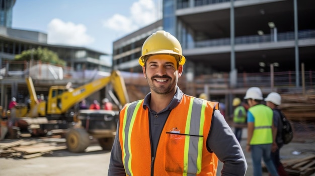 engineer in a construction site wearing a yellow hard hat and smiling