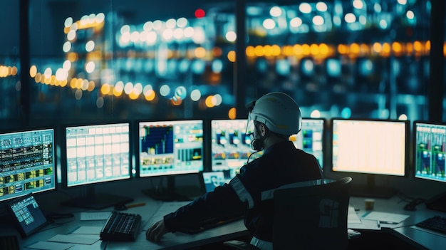 Photo an engineer in a control room oversees nighttime operations surrounded by data screens and illuminated machinery