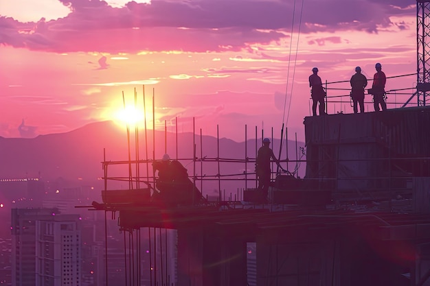 Engineer directs team to work safely on high ground at sunset