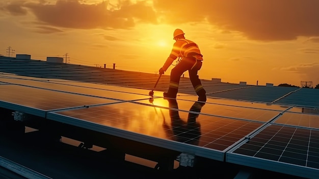 An engineer electrician check solar panels on the roof clean energy power nature photovoltaic systems the energy produced by the sun Power sustainable concept Generative Ai