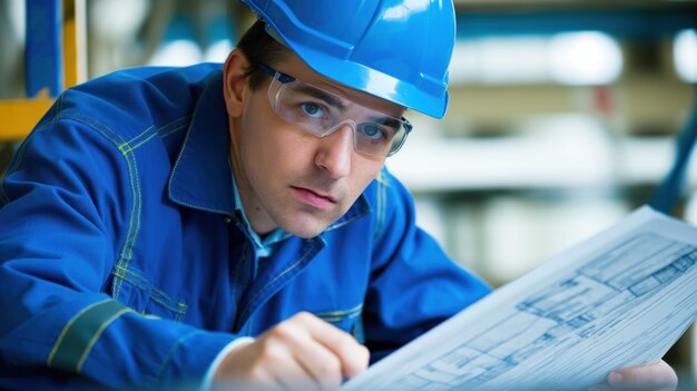 Photo engineer examining blueprints with a focused expression highlighting the importance of planning and precision in industrial projects