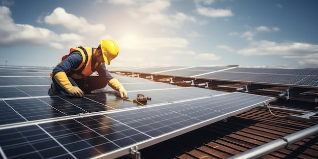 Engineer focused on installing solar panels on a roof promoting renewable sources