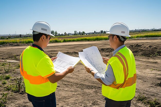 Photo engineer and foreman discussing construction plans at construction site