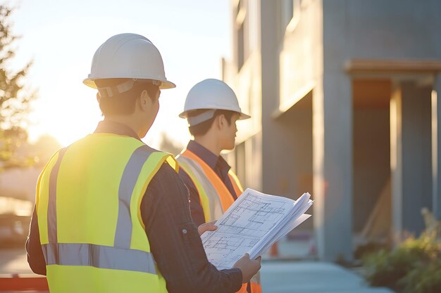 Photo engineer and foreman discussing construction plans at construction site