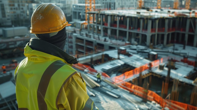 Engineer in hard hat and safety vest observes construction site