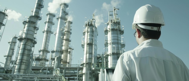 Engineer in hardhat contemplates the complexity of towering industrial prowess