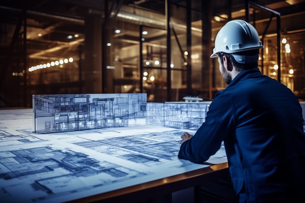 Engineer in hardhat studying blueprints