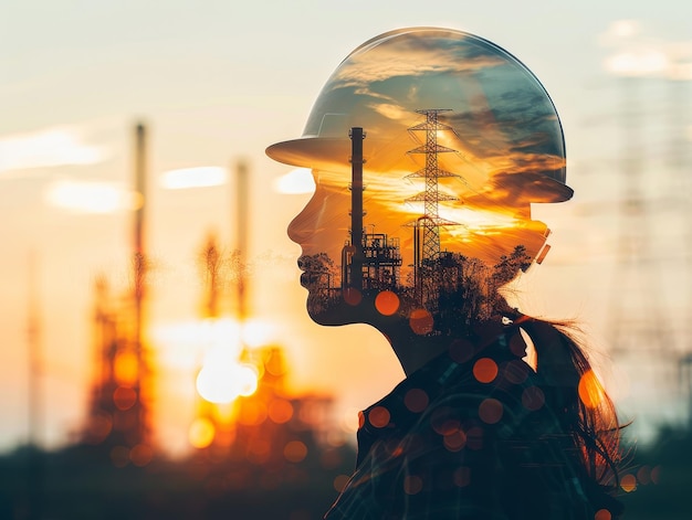 Engineer in helmet overlay with oil gas plant energy banner double exposure in golden hour