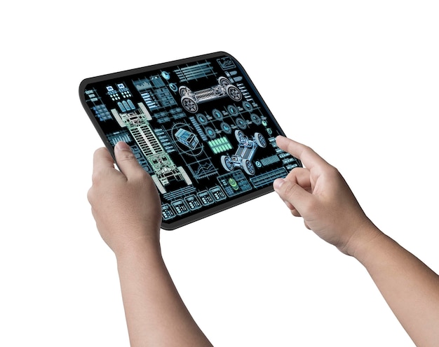 Engineer hold digital tablet with electric car user interface or digital graphic display