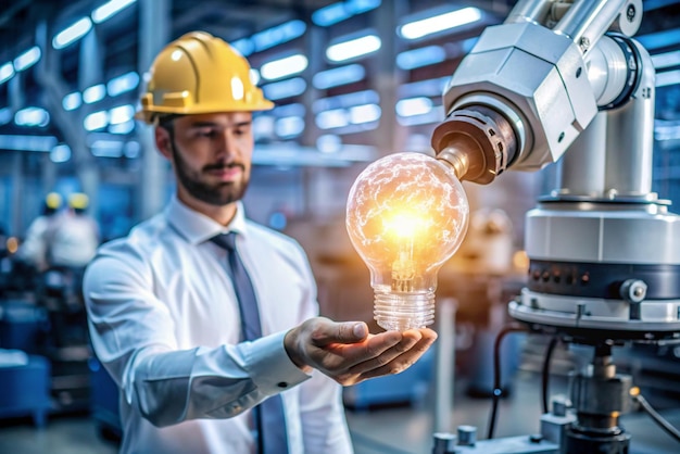 Photo engineer holding light bulb with brain and control robotics automatic arms machine in factory automotive industrial digital manufacturing operation science and creativity