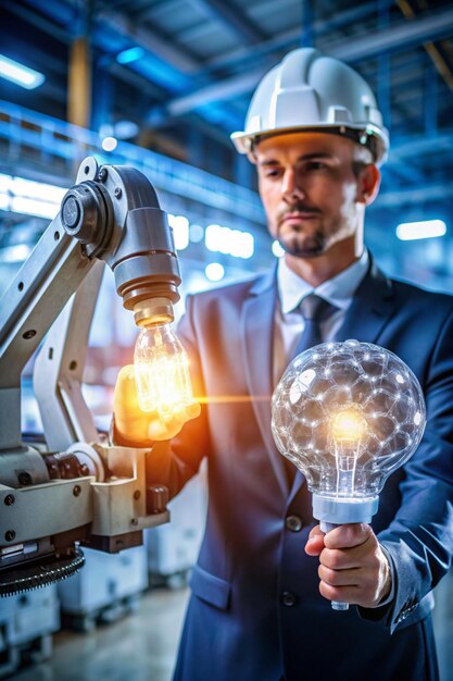 Photo engineer holding light bulb with brain and control robotics automatic arms machine in factory automotive industrial digital manufacturing operation science and creativity