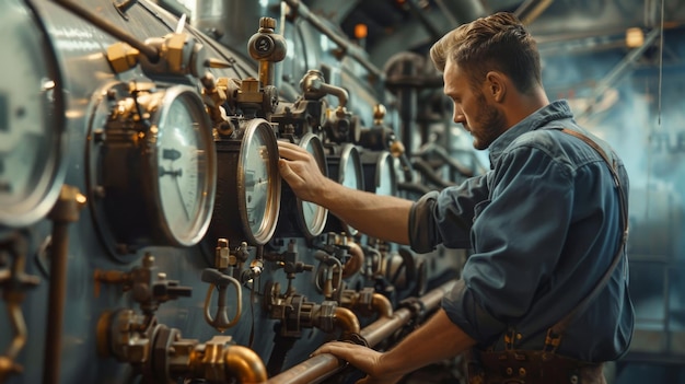 Photo an engineer inspecting a large industrial machine checking gauges and controls demonstrating precision and attention to detail