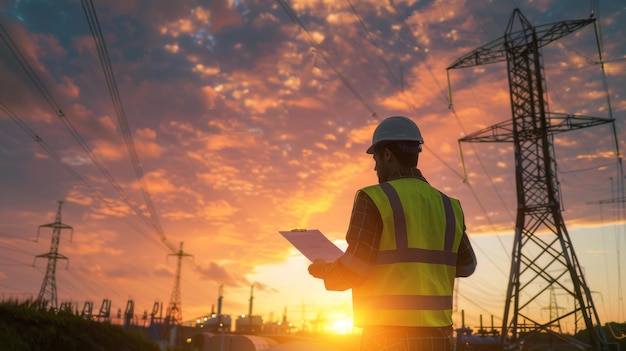 Engineer Inspecting Power Lines at Sunset