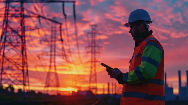 Photo engineer inspecting power lines at sunset