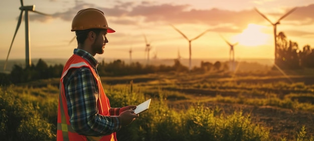 Engineer inspecting wind farm at sunset