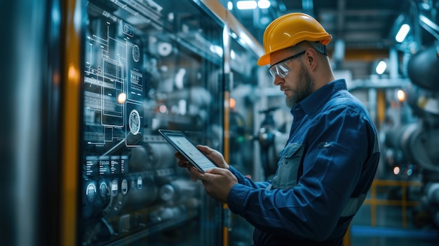 Photo an engineer is using a tablet to monitor live machine data in a smart factory automotive industrial industry 4th iot digital manufacturing operation