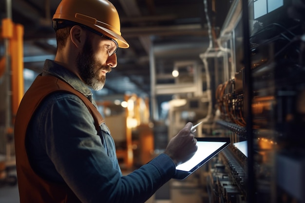 Photo engineer man using digital tablet in factory with generative ai