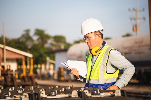 Engineer man in waistcoats and hardhats with documents inspecting construction site Mechanical worker checking of the battery storage system