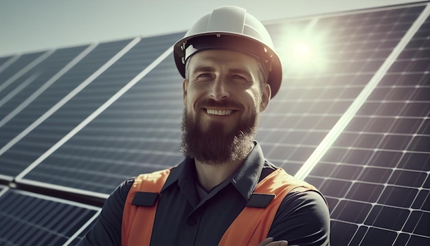 Engineer man with a smile checking the operation of the sun and the cleanliness of photovoltaic solar panels AI Generative