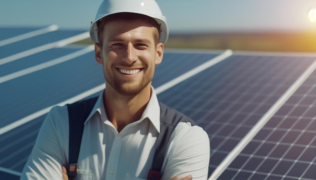 Engineer man with a smile checking the operation of the sun and the cleanliness of photovoltaic solar panels AI Generative