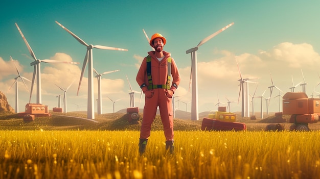 Engineer man working renewable wind energy plant Generative AI