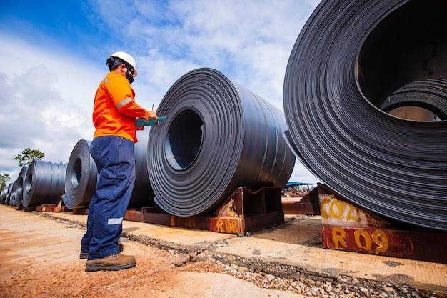 Engineer one worker man inspection on rolls of metal carbon steel sheets outside the factory