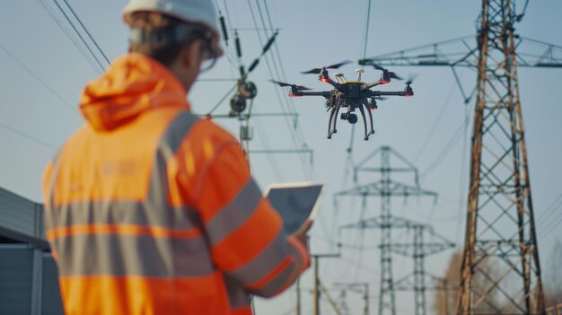 Engineer operating drone for power line inspection