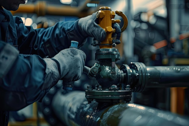 Engineer operator repairs valve equipment in plant industry