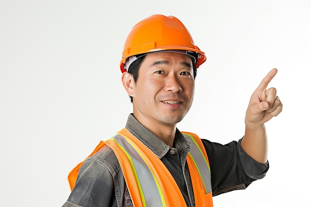 Engineer in an orange helmet and vest hand gesture isolated on background