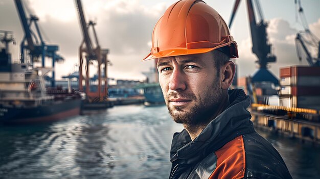 Photo engineer overlooking harbor at dusk generative ai