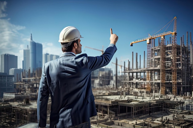 engineer pointing at unfinished building