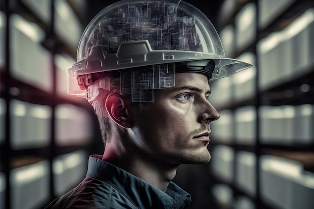 Engineer portrait in factory production line with wondrous double exposure