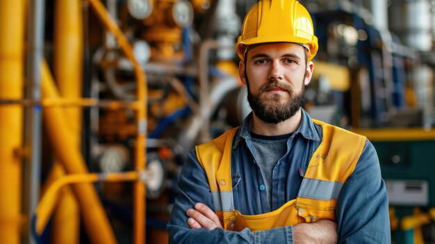 Engineer posing in front of oil drilling machinery